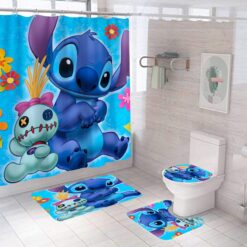 Stitch 2g Bathroom Shower Curtain Toilet Seat Cover & Rugs Set Rze1