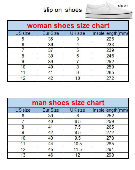 slip on size chart