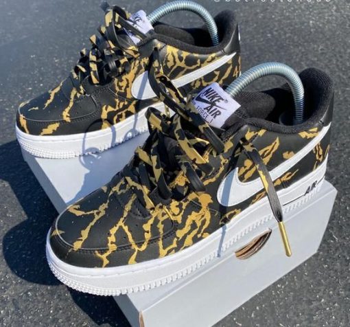 Custom Air Force 1 Hand Painted Black Gold Marble